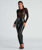 Long Sleeve Black Spiderweb Print Bodysuit styled as a women's Halloween party outfit with extra large hoop earrings, faux leather pants, and black block heels