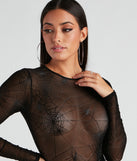 Spiderweb print on long sleeve black mesh bodysuit for a women's Halloween costume idea
