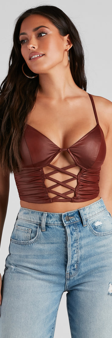 Late Night Faux Leather Lattice Crop Top is a trendy pick to create 2023 festival outfits, festival dresses, outfits for concerts or raves, and complete your best party outfits!