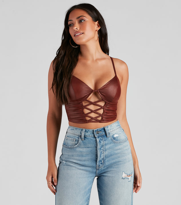 Late Night Faux Leather Lattice Crop Top is a trendy pick to create 2023 festival outfits, festival dresses, outfits for concerts or raves, and complete your best party outfits!