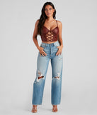 Late Night Faux Leather Lattice Crop Top is a trendy pick to create 2023 festival outfits, festival dresses, outfits for concerts or raves, and complete your best party outfits!