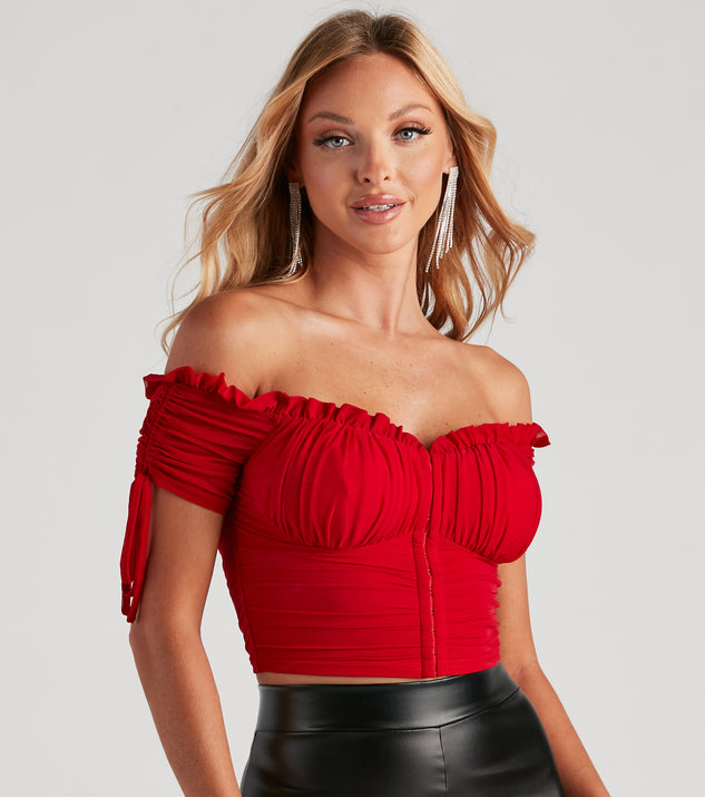 Hooked in Ruched Crop Top in Red-2 | Size: XL | Mesh Fabric/Mesh Fabric | Windsor