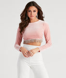 Luxe Rhinestone Trim Crop Top is a trendy pick to create 2023 festival outfits, festival dresses, outfits for concerts or raves, and complete your best party outfits!