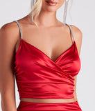 With fun and flirty details, Totally Luxe Rhinestone Satin Crop Top shows off your unique style for a trendy outfit for the summer season!