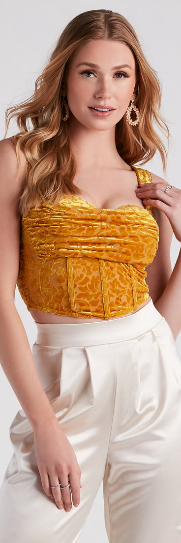 With fun and flirty details, Luxe Trendsetter Velvet Burnout Corset Top shows off your unique style for a trendy outfit for the summer season!