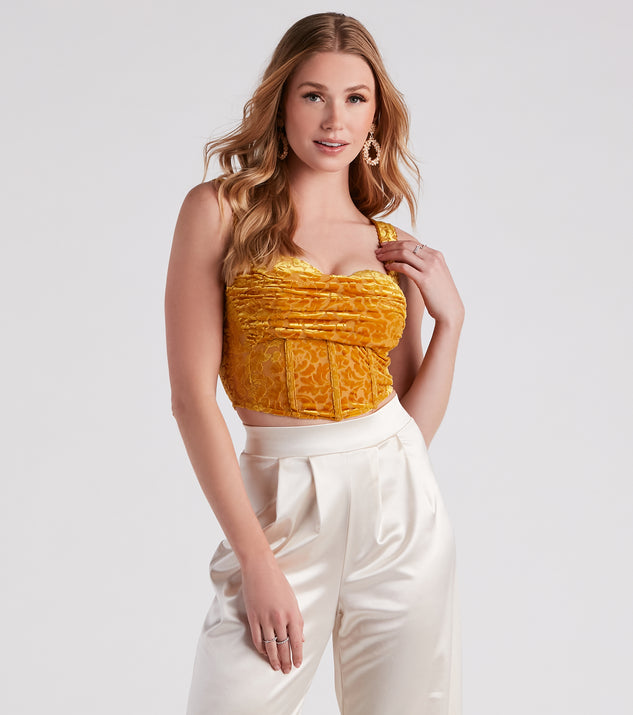 With fun and flirty details, Luxe Trendsetter Velvet Burnout Corset Top shows off your unique style for a trendy outfit for the summer season!