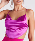 With fun and flirty details, Satin Cowl Neck Strappy Crop Top shows off your unique style for a trendy outfit for the summer season!