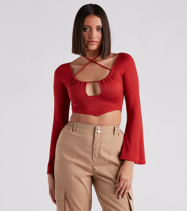With fun and flirty details, Effortlessly Sultry Bell Sleeve Crop Top shows off your unique style for a trendy outfit for the summer season!