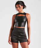 Cut To The Style Faux Leather Crop Top is a trendy pick to create 2023 concert outfits, festival dresses, outfits for raves, or to complete your best party outfits or clubwear!