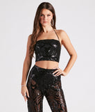 Glitzy Night Out Sequin Crop Top is a trendy pick to create 2023 concert outfits, festival dresses, outfits for raves, or to complete your best party outfits or clubwear!
