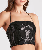 Glitzy Night Out Sequin Crop Top is a trendy pick to create 2023 concert outfits, festival dresses, outfits for raves, or to complete your best party outfits or clubwear!