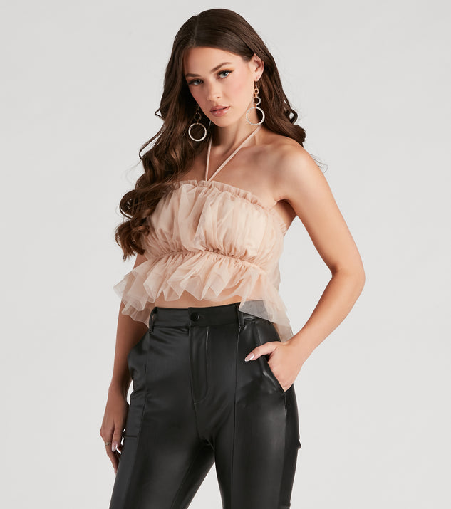 Flirtatious Flair Ruffle Mesh Crop Top creates the perfect New Year’s Eve Outfit or new years dress with stylish details in the latest trends to ring in 2023!