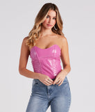 Babe Factor Latex Corset Crop Top is a trendy pick to create 2023 festival outfits, festival dresses, outfits for concerts or raves, and complete your best party outfits!