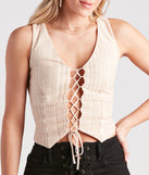Feel The Rhythm Crochet Lace-Up Vest is a trendy pick to create 2023 concert outfits, festival dresses, outfits for raves, or to complete your best party outfits or clubwear!