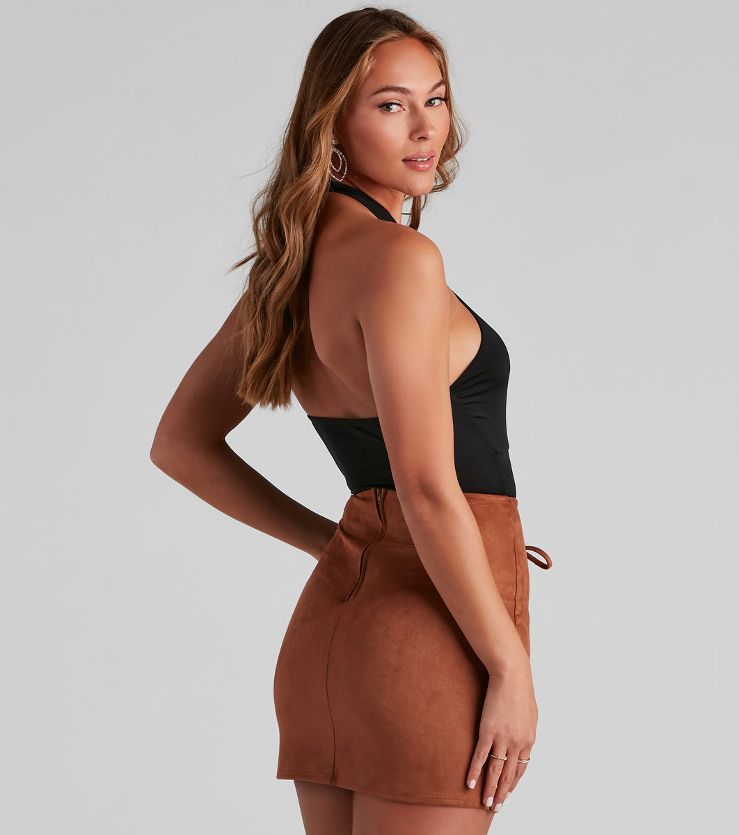 Deep V Striped Zip Up Halter Bodysuit