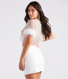 Glam Refresh Feather Trim Rhinestone Fishnet Top with on-trend details provides a stylish start to creating your graduation outfit for the 2024 Commencement or grad party!