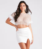 Glam Refresh Feather Trim Rhinestone Fishnet Top with on-trend details provides a stylish start to creating your graduation outfit for the 2024 Commencement or grad party!