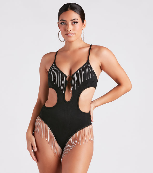 Fringed Out Rhinestone Faux Suede Bodysuit is a trendy pick to create 2023 concert outfits, festival dresses, outfits for raves, or to complete your best party outfits or clubwear!