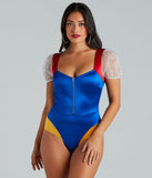 Enchanted Princess Puff Sleeve Satin Bodysuit styled for Halloween 2023 as an adult princess costume.