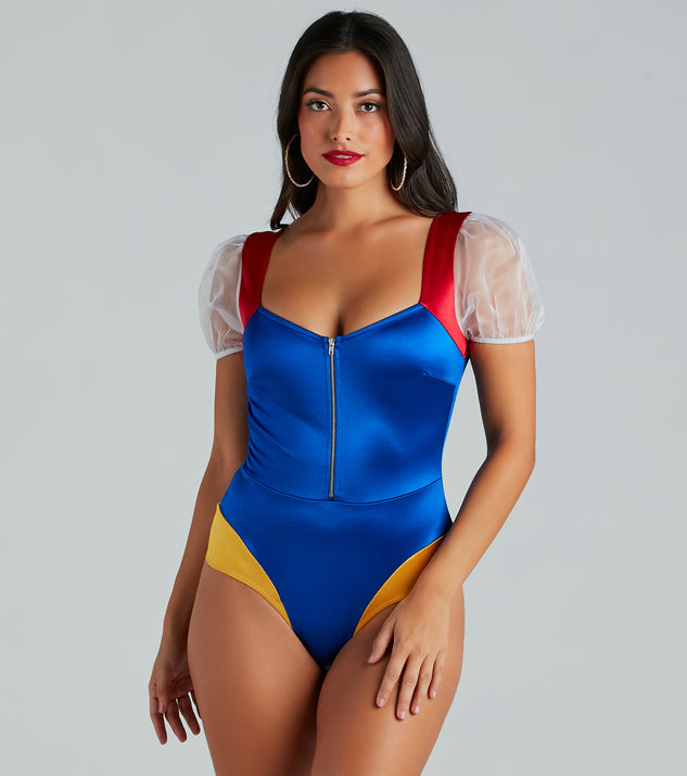 Enchanted Princess Puff Sleeve Satin Bodysuit styled for Halloween 2023 as an adult princess costume.