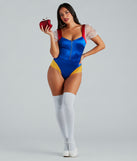 Adult princess costume from Windsor styled with a poisonous apple rhinestone clutch, statement earrings, the enchanted princess puff sleeve satin bodysuit, white knee-high socks, and patent leather platform heels.