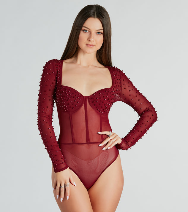 Red Rhinestone Underwire Lace Bodysuit Long Sleeve Cut Out Slit