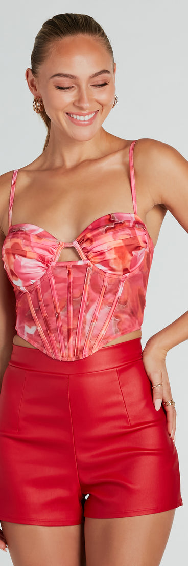 With fun and flirty details, the Sunset View Satin Abstract Mesh Corset Top shows off your unique style for a trendy outfit for summer!