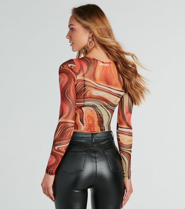 Marble Print Ruched Side Long Sleeve Crop Top