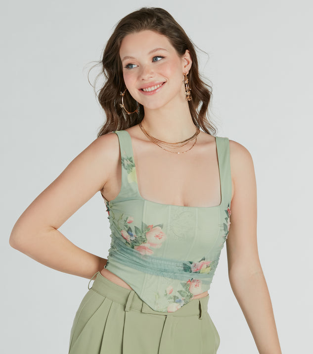 The waist-defining bodice style of the Blooming Beauty Floral Ruched Mesh Corset Top is perfect for making a statement with your outfit and provides the boning, molded cups, or lace-up details that capture the corset trend.