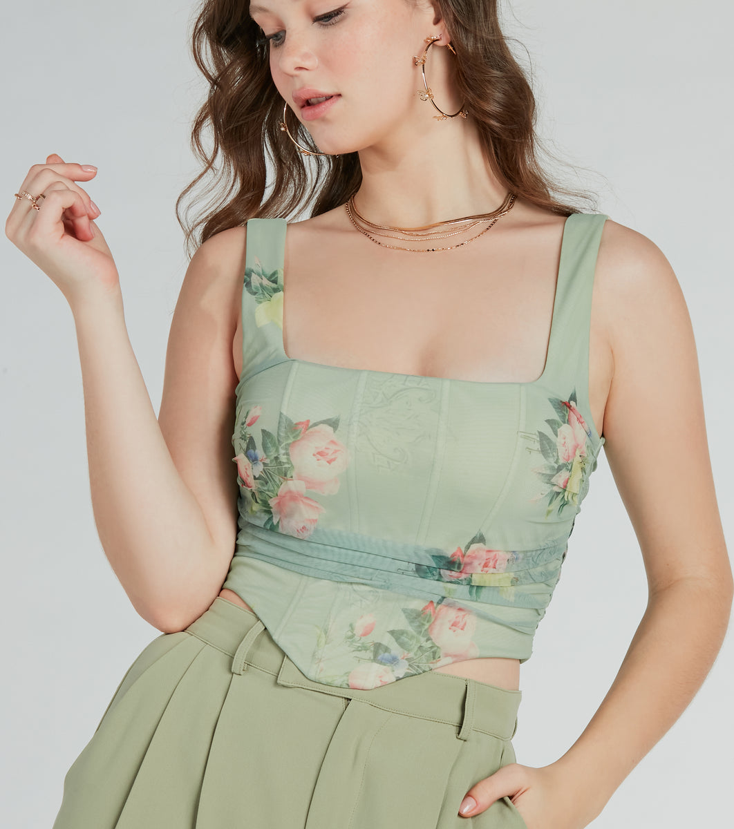 Blooming Beauty Floral Ruched Mesh Corset Top