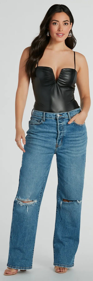 The tucked-in look of the Cool Girl Certified Faux Leather Bodysuit creates a polished look and with fab details brings a distinct style to your outfit.