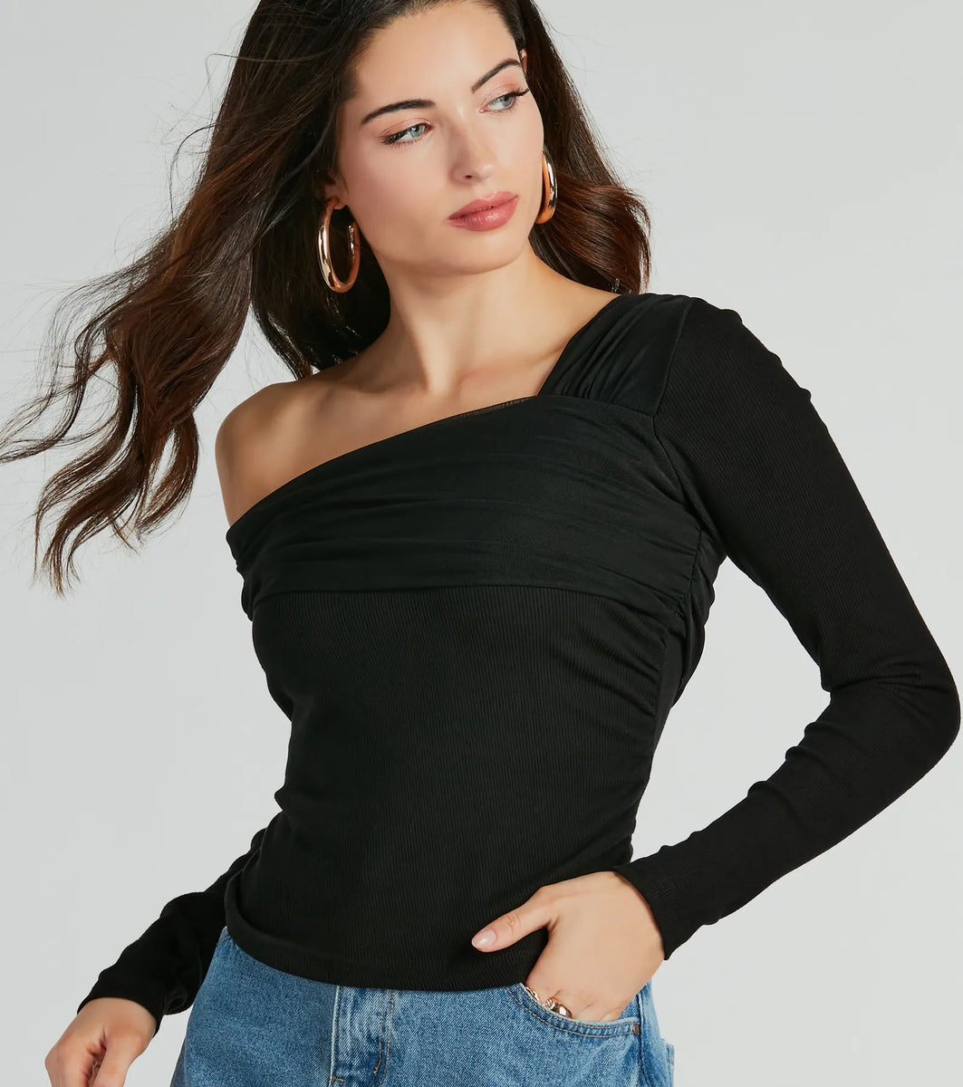 Chic Asymmetric Off-Shoulder Long Sleeve Knit Top