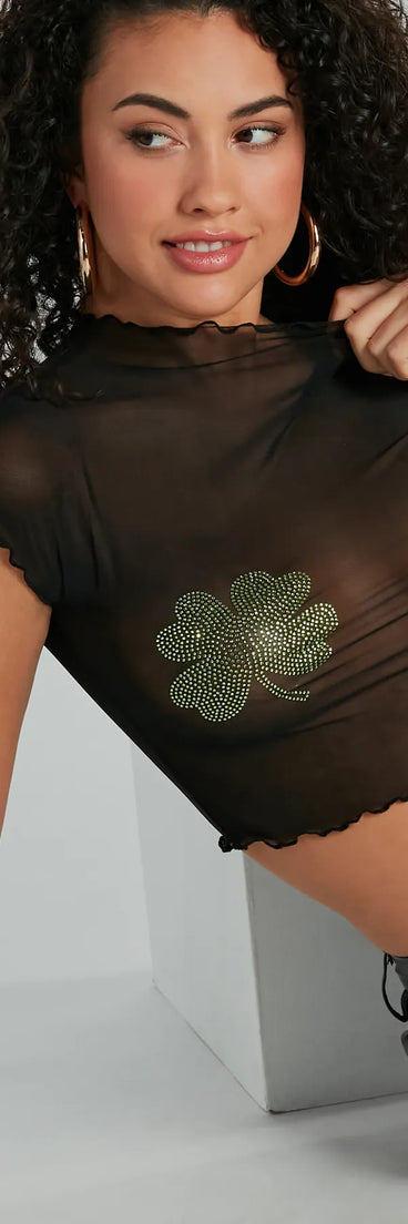 With fun and flirty details, the Sultry Charm Four-Leaf Clover Sheer Mesh Crop Top shows off your unique style for a trendy outfit for summer!