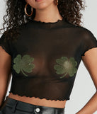 With fun and flirty details, the Sultry Charm Four-Leaf Clover Sheer Mesh Crop Top shows off your unique style for a trendy outfit for summer!