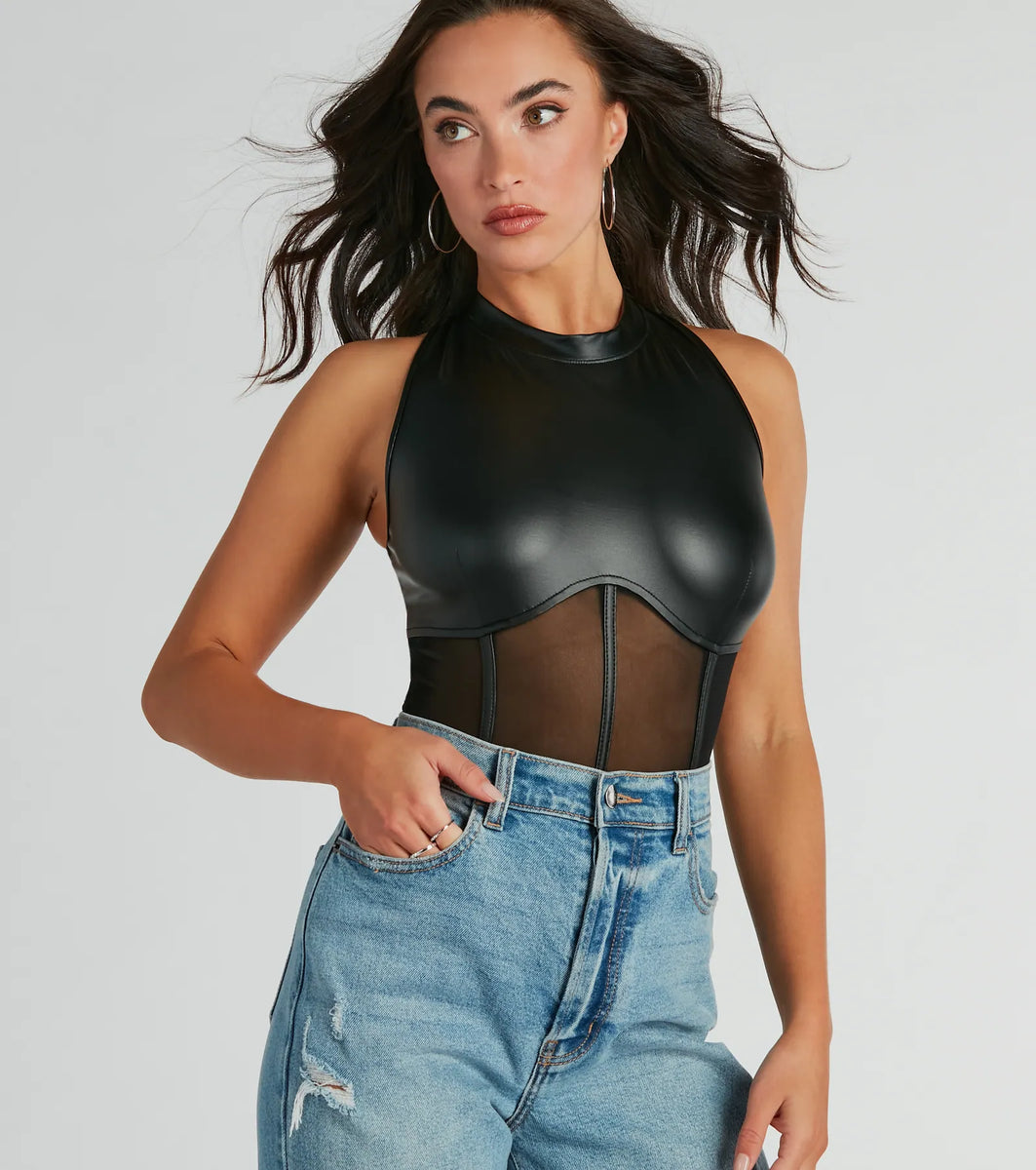 Amped Up Chic Faux Leather Corset Bodysuit