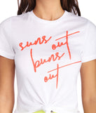 With fun and flirty details, Suns Out Buns Out Graphic Tee shows off your unique style for a trendy outfit for the summer season!