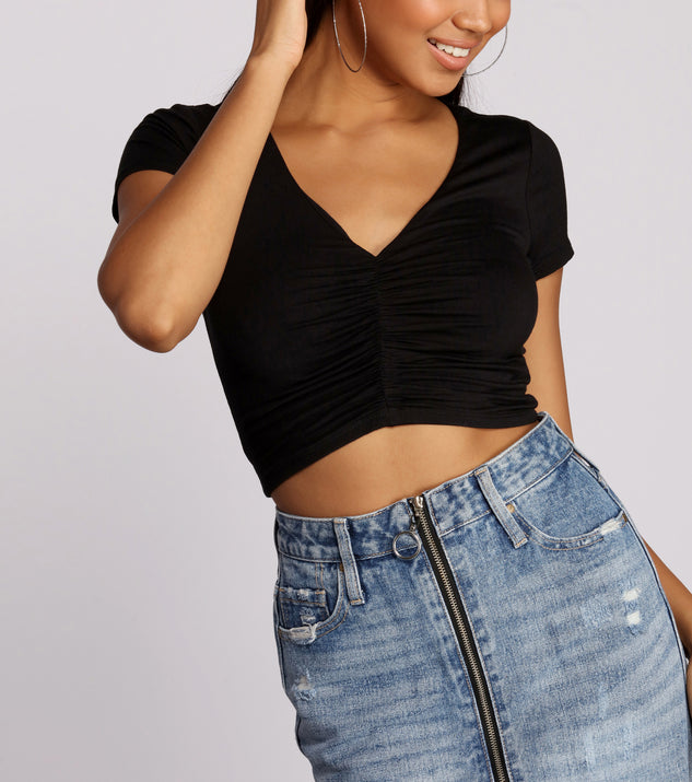With fun and flirty details, Ruched Right Essential Crop Top shows off your unique style for a trendy outfit for the summer season!