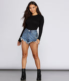 Keep It Fresh Long Sleeve Black Crew Neck Top styled with Large Silver Hoops, Women's Denim Shorts, and Windsor Black Combat Boots