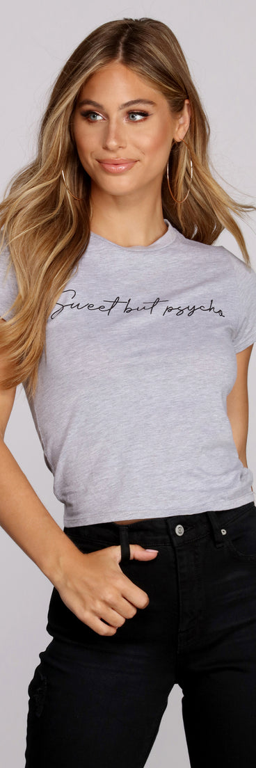 With fun and flirty details, Sweet But Psycho Graphic Tee shows off your unique style for a trendy outfit for the summer season!