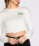 With fun and flirty details, Drink Up Drawstring Crew Neck Cropped Top shows off your unique style for a trendy outfit for the summer season!