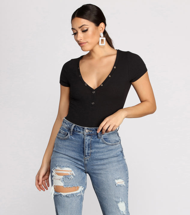 With fun and flirty details, Basic Vibes Ribbed Henley Bodysuit shows off your unique style for a trendy outfit for the summer season!