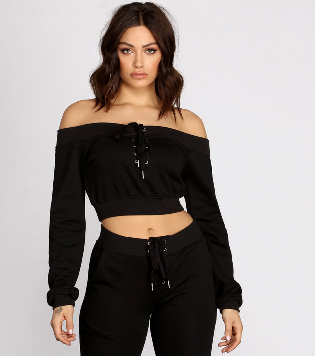 You’ll look stunning in the Lace Up Off The Shoulder Crop Top when paired with its matching separate to create a glam clothing set perfect for a New Year’s Eve Party Outfit or Holiday Outfit for any event!