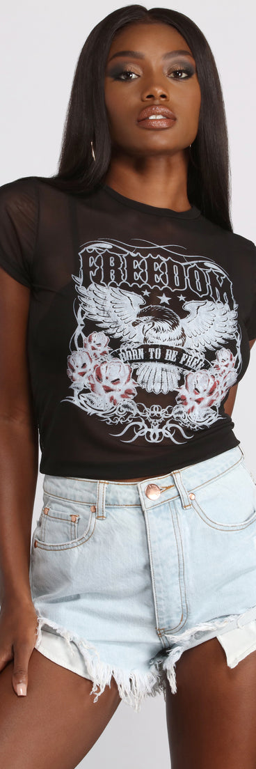 Born To Be Free Graphic Mesh Top is a trendy pick to create 2023 festival outfits, festival dresses, outfits for concerts or raves, and complete your best party outfits!