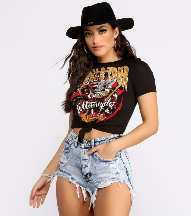 World Tour Bound Slashed Tee is a trendy pick to create 2023 festival outfits, festival dresses, outfits for concerts or raves, and complete your best party outfits!