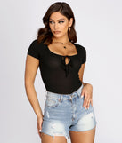 With fun and flirty details, Ribbed Knit Tie Front Bodysuit shows off your unique style for a trendy outfit for the summer season!
