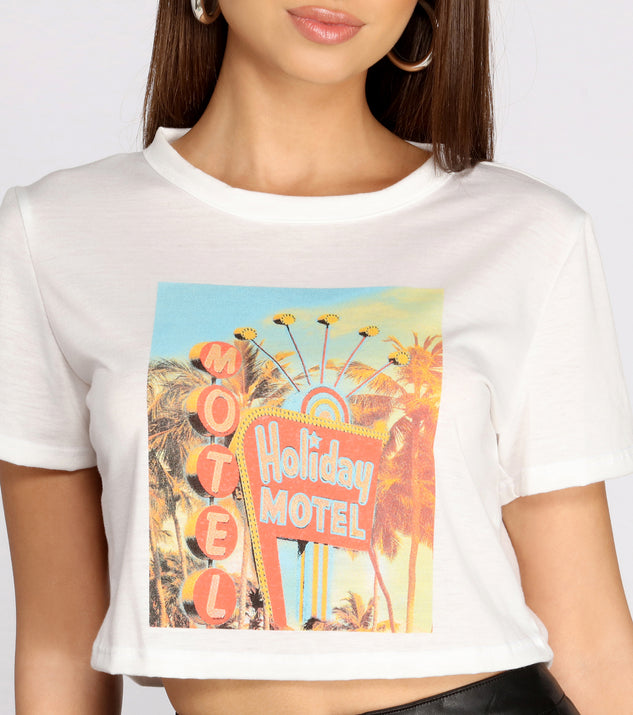 With fun and flirty details, Holiday Motel Graphic Tee shows off your unique style for a trendy outfit for the summer season!
