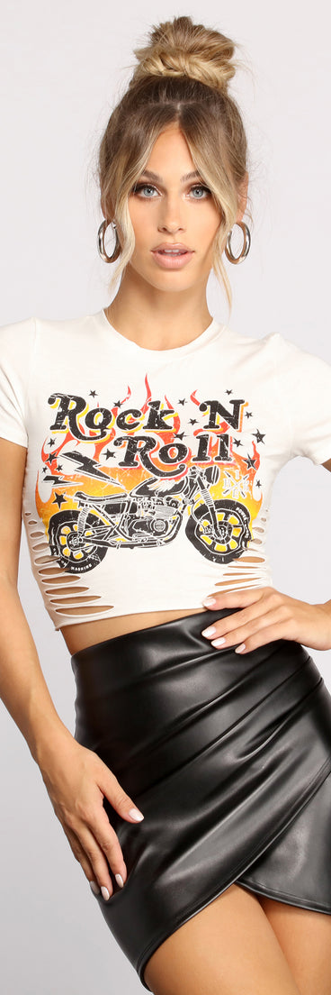With fun and flirty details, Slashed Rock N' Roll Tee Shirt shows off your unique style for a trendy outfit for the summer season!