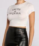 With fun and flirty details, Tacos & Tequila Cropped Tee shows off your unique style for a trendy outfit for the summer season!