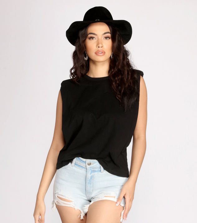 With fun and flirty details, Sleeveless Padded Shoulder Tee shows off your unique style for a trendy outfit for the summer season!
