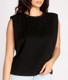 With fun and flirty details, Sleeveless Padded Shoulder Tee shows off your unique style for a trendy outfit for the summer season!